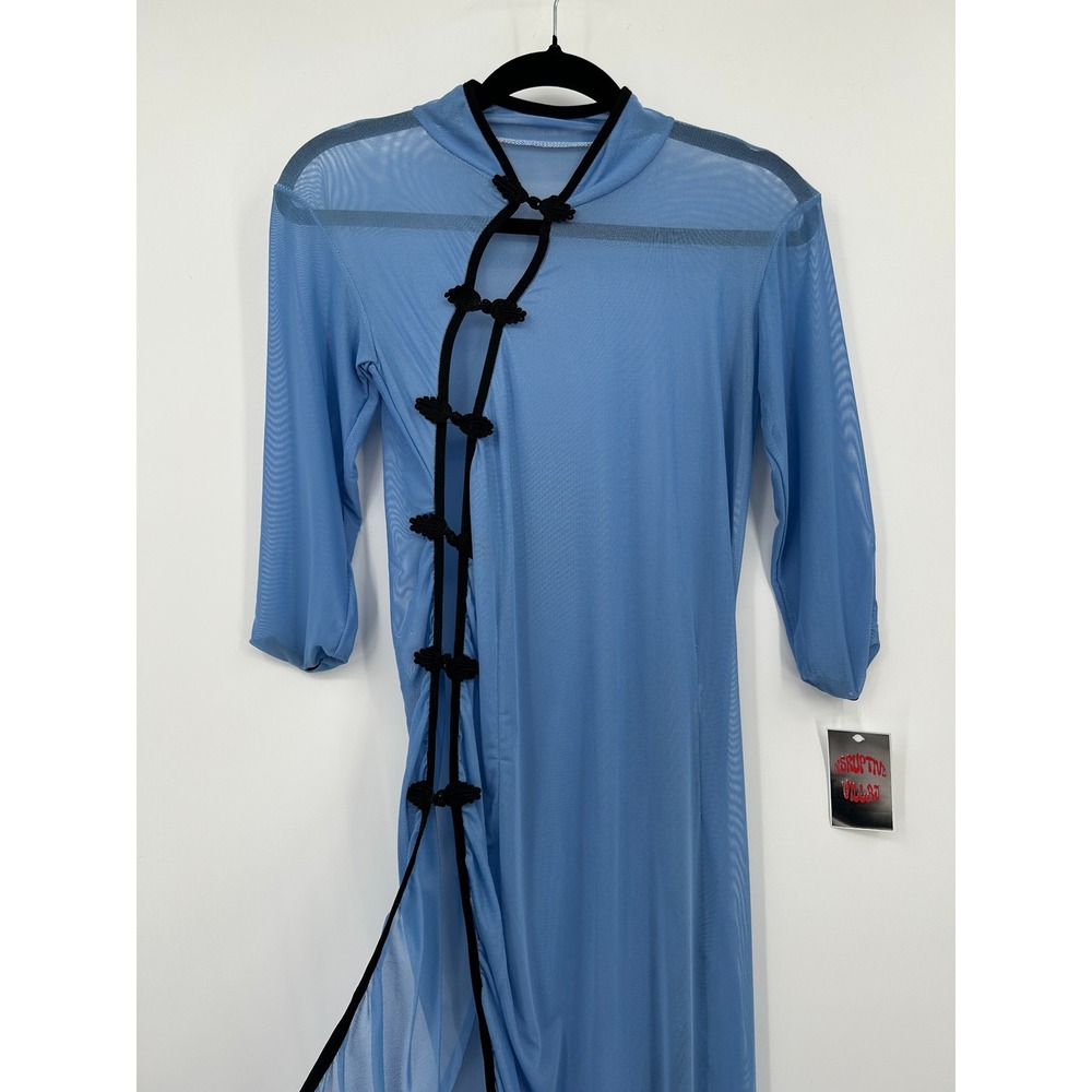 Blue Sheer Mesh Frog Knot Asymmetric Midi Dress Womens Small - Picture 4 of 12